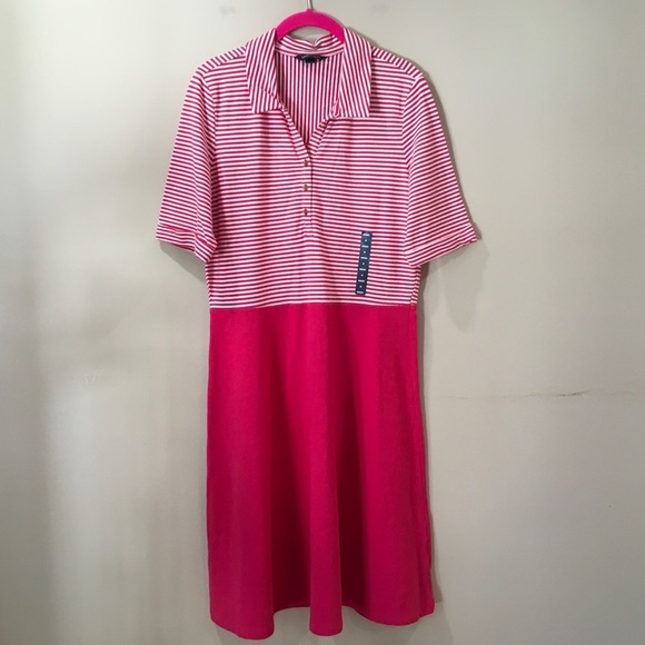 Lands' End Women's Size M 10-12 Pink White Stripe Color Block Knit Shirt Dress - Picture 1 of 6